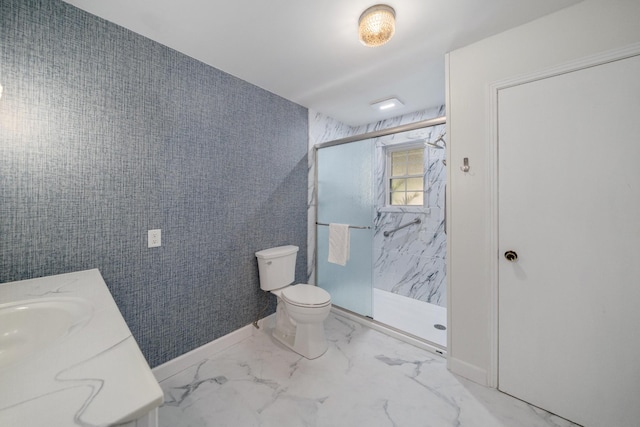 2250 Hamburg Rd, Michie, TN 38357 - full bath with toilet, a marble finish shower, vanity, marble look tile flooring, and baseboards