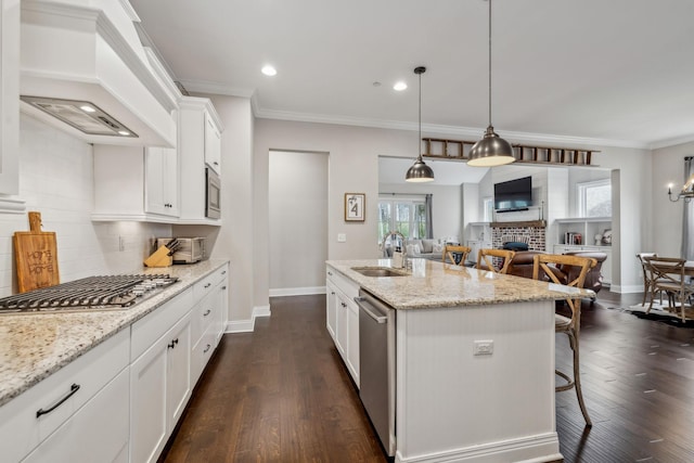 807 Caledonian Ct, Franklin, TN 37064 - kitchen with a sink, appliances with stainless steel finishes, premium range hood, open floor plan, and decorative backsplash