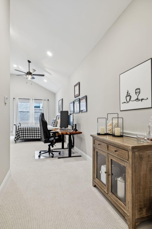 807 Caledonian Ct, Franklin, TN 37064 - home office featuring vaulted ceiling, carpet flooring, baseboards, and ceiling fan
