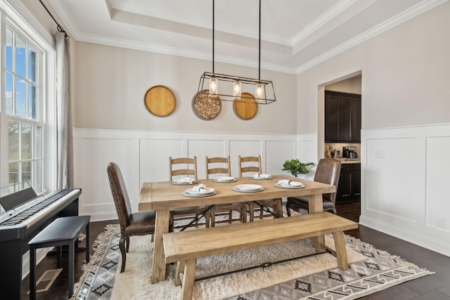807 Caledonian Ct, Franklin, TN 37064 - dining space featuring a tray ceiling, a decorative wall, plenty of natural light, dark wood finished floors, and a wainscoted wall