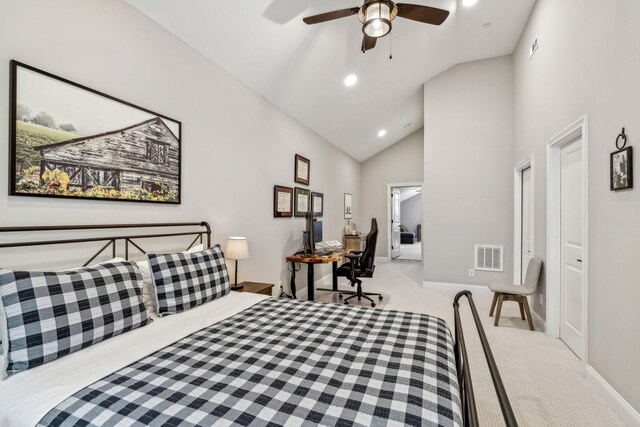 807 Caledonian Ct, Franklin, TN 37064 - bedroom featuring carpet, high vaulted ceiling, baseboards, recessed lighting, and ceiling fan