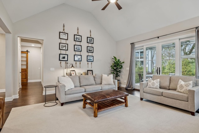 807 Caledonian Ct, Franklin, TN 37064 - living area featuring a ceiling fan, high vaulted ceiling, wood finished floors, and baseboards