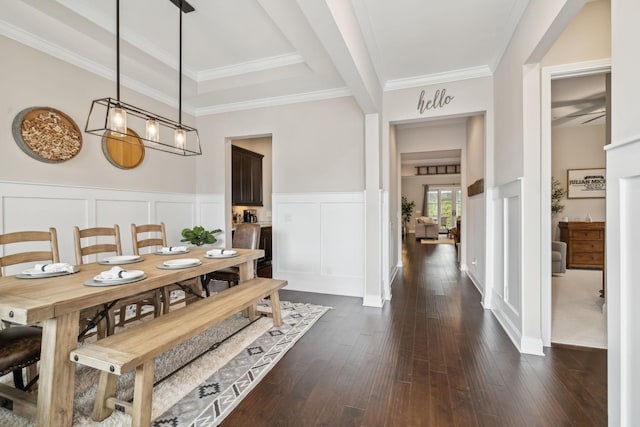 807 Caledonian Ct, Franklin, TN 37064 - dining room featuring dark wood-type flooring, a wainscoted wall, a decorative wall, and crown molding