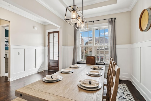 807 Caledonian Ct, Franklin, TN 37064 - dining space with a decorative wall, a chandelier, dark wood-type flooring, a wainscoted wall, and ornamental molding