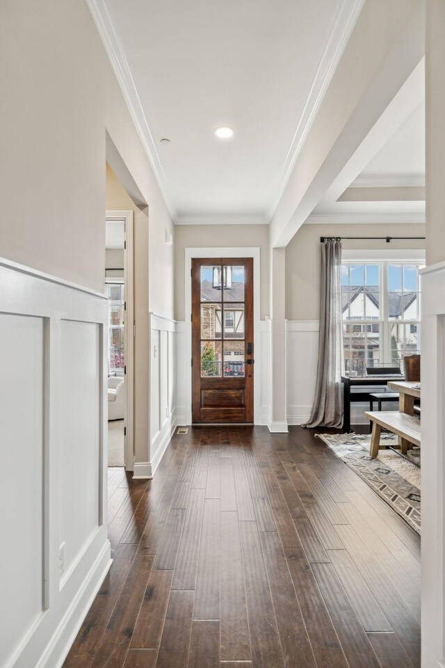 807 Caledonian Ct, Franklin, TN 37064 - entryway featuring crown molding, a wainscoted wall, healthy amount of natural light, dark wood-style flooring, and a decorative wall