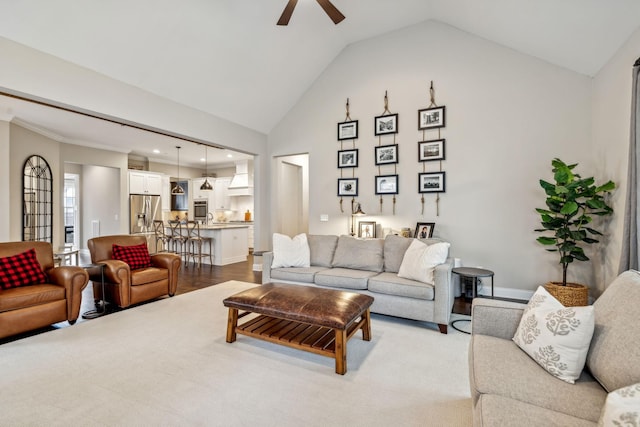807 Caledonian Ct, Franklin, TN 37064 - living room featuring a ceiling fan, high vaulted ceiling, baseboards, light wood-style floors, and recessed lighting
