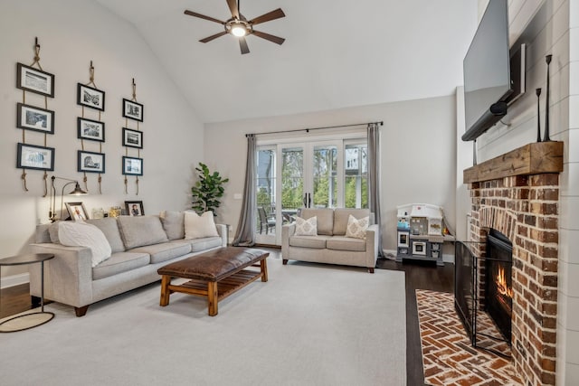 807 Caledonian Ct, Franklin, TN 37064 - living room featuring ceiling fan, high vaulted ceiling, a brick fireplace, and wood finished floors