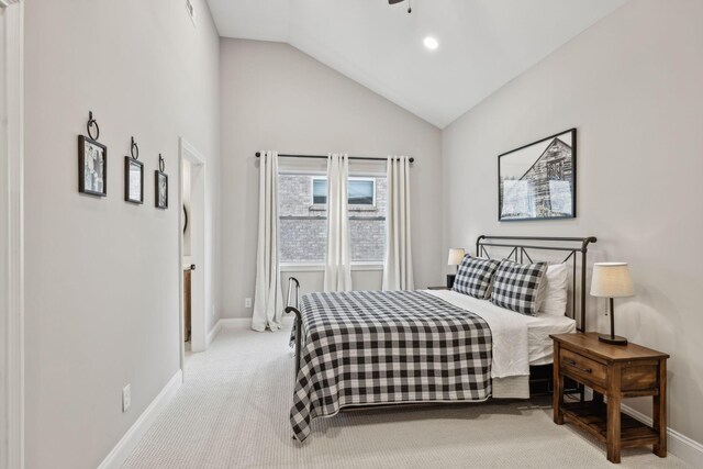807 Caledonian Ct, Franklin, TN 37064 - bedroom featuring baseboards, light carpet, and high vaulted ceiling