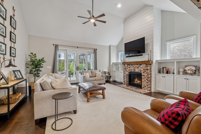 807 Caledonian Ct, Franklin, TN 37064 - living area featuring high vaulted ceiling, dark wood-style flooring, a fireplace, ceiling fan, and recessed lighting