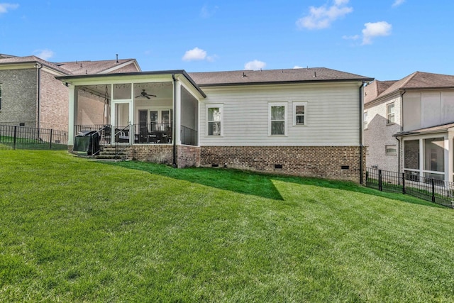 807 Caledonian Ct, Franklin, TN 37064 - rear view of house with a sunroom, ceiling fan, crawl space, brick siding, and central air condition unit
