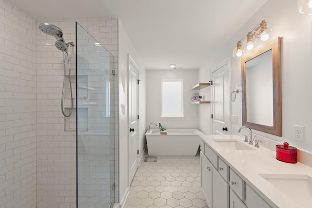 2019 Farm St, Mount Juliet, TN 37122 - full bathroom with a shower stall, double vanity, a freestanding bath, and tile patterned flooring
