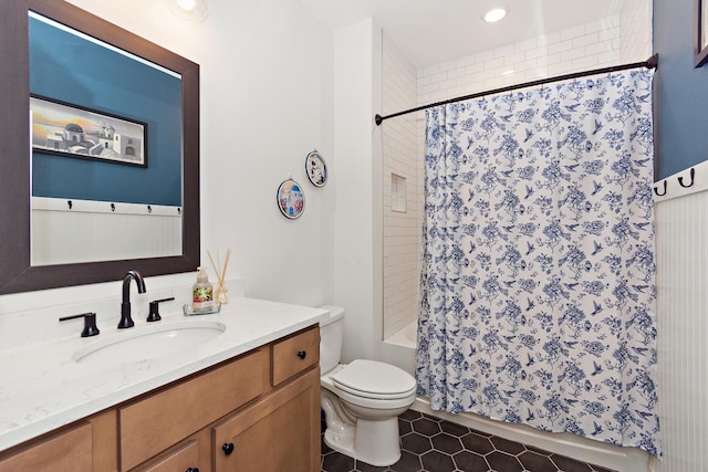 2019 Farm St, Mount Juliet, TN 37122 - full bath featuring shower / bath combo with shower curtain, vanity, tile patterned floors, and recessed lighting