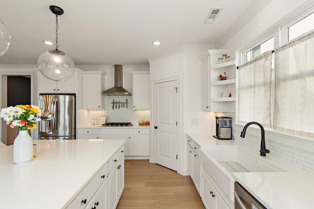 2019 Farm St, Mount Juliet, TN 37122 - kitchen with stainless steel appliances, wall chimney range hood, open shelves, tasteful backsplash, and recessed lighting