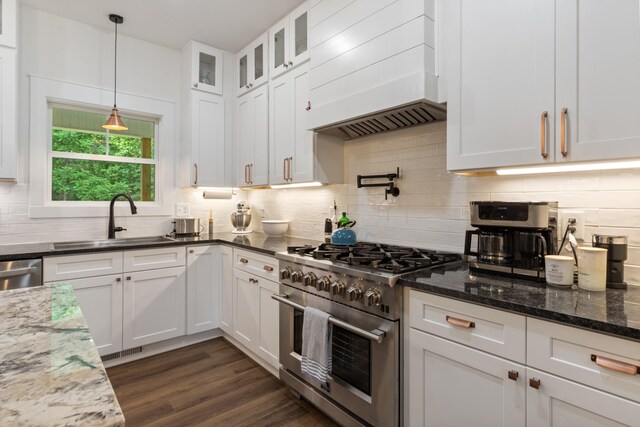 5660 Bold Springs Rd, Mc Ewen, TN 37101 - kitchen featuring stainless steel appliances, custom range hood, a sink, white cabinets, and backsplash