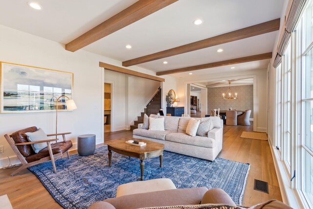 6115 Hillsboro Pike, Nashville, TN 37215 - living area featuring stairs, light wood finished floors, recessed lighting, beamed ceiling, and baseboards