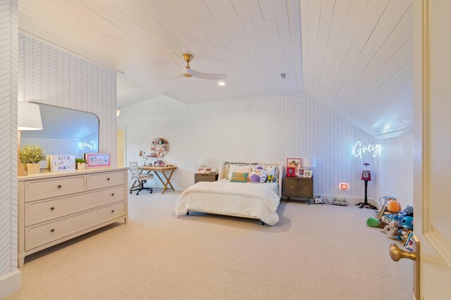 6115 Hillsboro Pike, Nashville, TN 37215 - bedroom with vaulted ceiling, carpet, wallpapered walls, and a ceiling fan