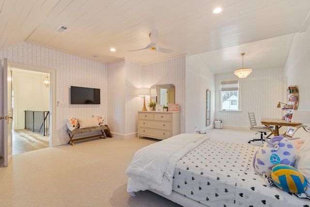 6115 Hillsboro Pike, Nashville, TN 37215 - bedroom featuring wallpapered walls, carpet flooring, lofted ceiling, ceiling fan, and baseboards