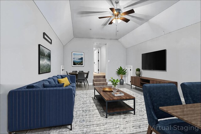 1410 Wall St, Murfreesboro, TN 37130 - living area with lofted ceiling, a ceiling fan, baseboards, and wood finished floors