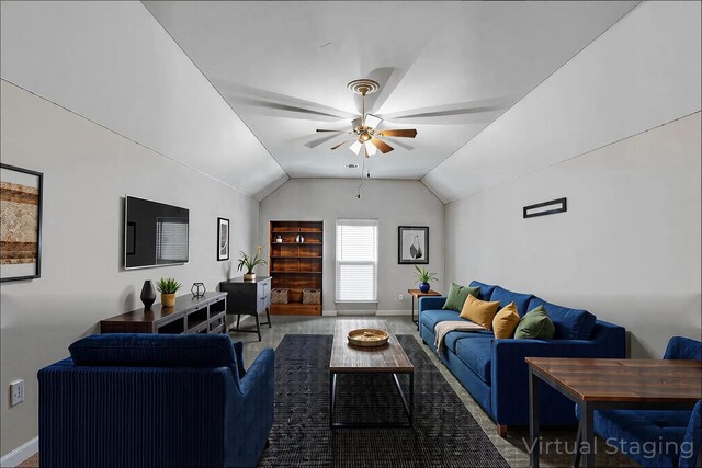 1410 Wall St, Murfreesboro, TN 37130 - living area with a ceiling fan, vaulted ceiling, baseboards, and wood finished floors