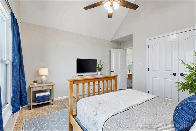 1410 Wall St, Murfreesboro, TN 37130 - bedroom featuring high vaulted ceiling, carpet, baseboards, ceiling fan, and a closet