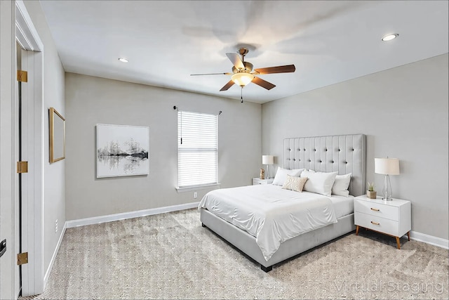 1410 Wall St, Murfreesboro, TN 37130 - bedroom with baseboards, light colored carpet, a ceiling fan, and recessed lighting