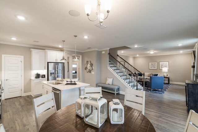 826 Azalea Dr, Mount Juliet, TN 37122 - dining area featuring stairway, baseboards, dark wood-style flooring, recessed lighting, and ornamental molding