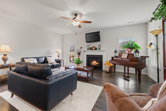108 Rotondi Ct, Gallatin, TN 37066 - living area with ceiling fan, dark wood-style floors, a glass covered fireplace, and baseboards
