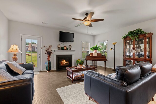108 Rotondi Ct, Gallatin, TN 37066 - living room with healthy amount of natural light, ceiling fan, wood finished floors, and a fireplace with flush hearth