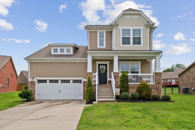 108 Rotondi Ct, Gallatin, TN 37066 - craftsman-style house featuring central air condition unit, driveway, covered porch, a garage, and brick siding