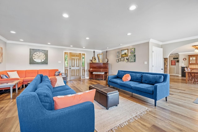 2797 Lewis Rd, Santa Fe, TN 38482 - living area with arched walkways, recessed lighting, light wood-type flooring, and crown molding