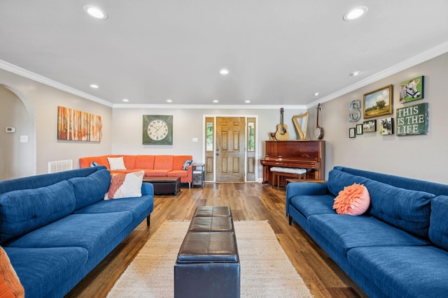 2797 Lewis Rd, Santa Fe, TN 38482 - living area with arched walkways, recessed lighting, wood finished floors, and ornamental molding