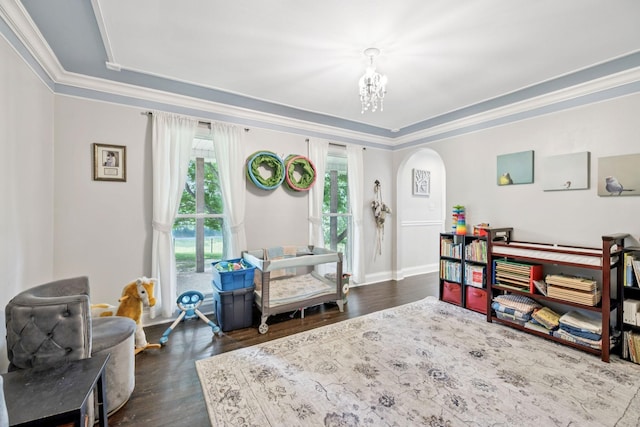 2797 Lewis Rd, Santa Fe, TN 38482 - living area featuring a chandelier, dark wood-style floors, a raised ceiling, ornamental molding, and arched walkways