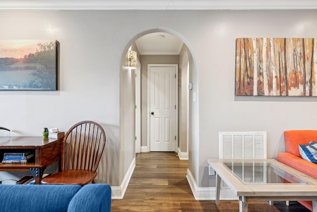 2797 Lewis Rd, Santa Fe, TN 38482 - home office with wood finished floors, arched walkways, ornamental molding, and baseboards