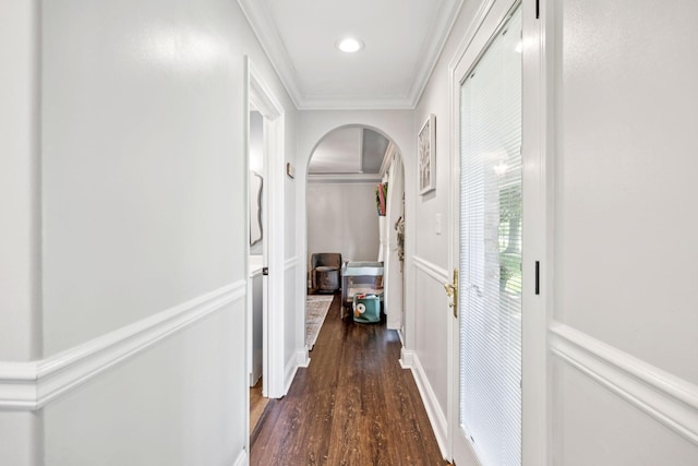 2797 Lewis Rd, Santa Fe, TN 38482 - corridor featuring arched walkways, dark wood-style flooring, crown molding, and recessed lighting