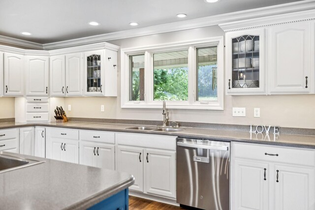2797 Lewis Rd, Santa Fe, TN 38482 - kitchen featuring stainless steel dishwasher, a sink, white cabinets, ornamental molding, and glass insert cabinets