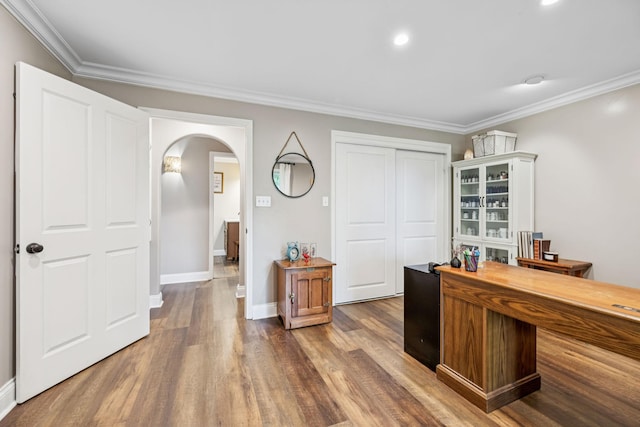 2797 Lewis Rd, Santa Fe, TN 38482 - office with arched walkways, wood finished floors, crown molding, recessed lighting, and baseboards