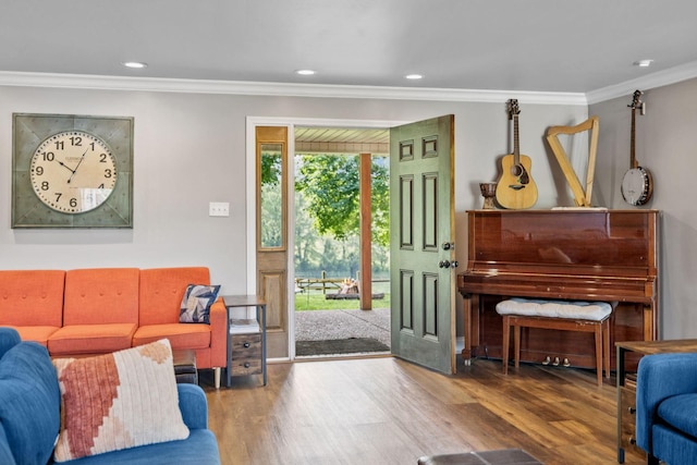 2797 Lewis Rd, Santa Fe, TN 38482 - living room featuring ornamental molding, wood finished floors, and recessed lighting