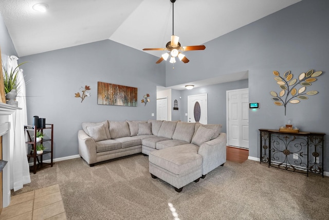 3129 Brook Hill Dr, Clarksville, TN 37042 - living room with ceiling fan, light carpet, high vaulted ceiling, and baseboards
