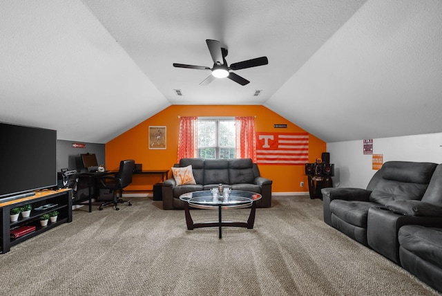 3129 Brook Hill Dr, Clarksville, TN 37042 - living room with a desk, carpet floors, a ceiling fan, vaulted ceiling, and baseboards