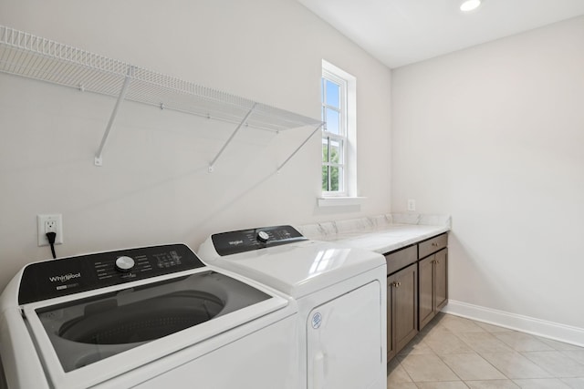 105 Artie Lee Ln, Nolensville, TN 37135 - laundry room featuring washer and clothes dryer, baseboards, cabinet space, light tile patterned floors, and recessed lighting