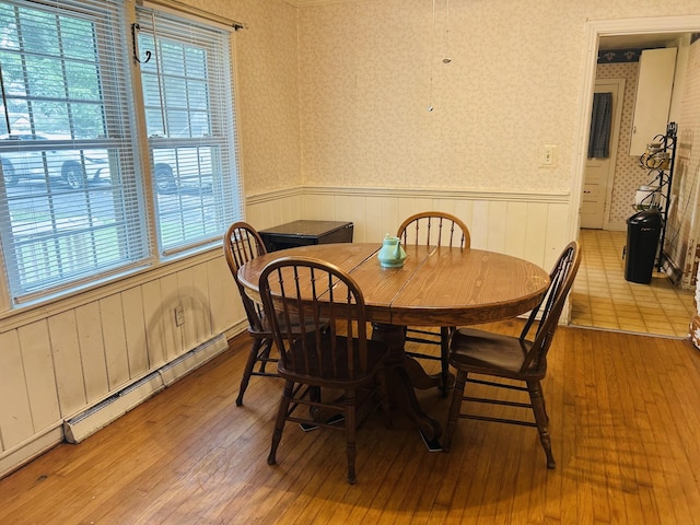 1102 Manor Rd, Columbia, TN 38401 - dining area featuring a wainscoted wall, wood-type flooring, a baseboard heating unit, and wallpapered walls