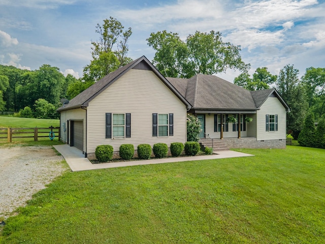 2034 Glencoe Rd, Culleoka, TN 38451 - view of front of house featuring an attached garage, a shingled roof, gravel driveway, covered porch, and crawl space