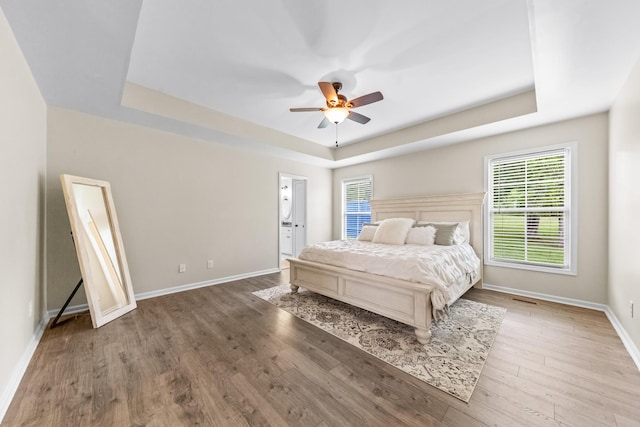 2034 Glencoe Rd, Culleoka, TN 38451 - bedroom with a tray ceiling, wood finished floors, a ceiling fan, and connected bathroom
