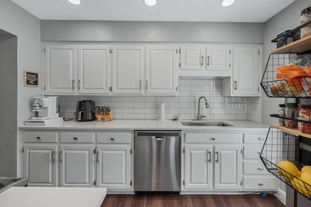 5025 Hillsboro Pike Unit 1A, Nashville, TN 37215 - kitchen with dishwasher, a sink, white cabinets, light countertops, and recessed lighting