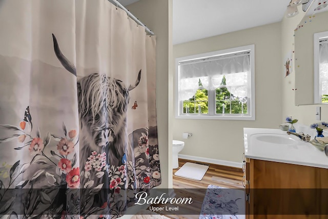 81 Pine Tree Cir, Crossville, TN 38571 - full bathroom with vanity, toilet, baseboards, wood finished floors, and curtained shower