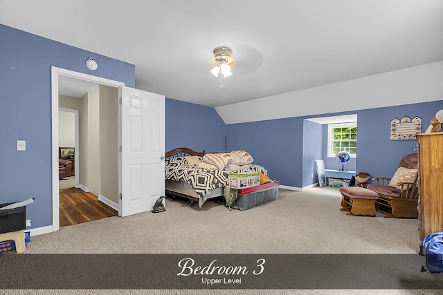 81 Pine Tree Cir, Crossville, TN 38571 - carpeted bedroom with baseboards, lofted ceiling, and a ceiling fan