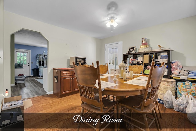 81 Pine Tree Cir, Crossville, TN 38571 - dining space with arched walkways, light wood-style flooring, a ceiling fan, and baseboards