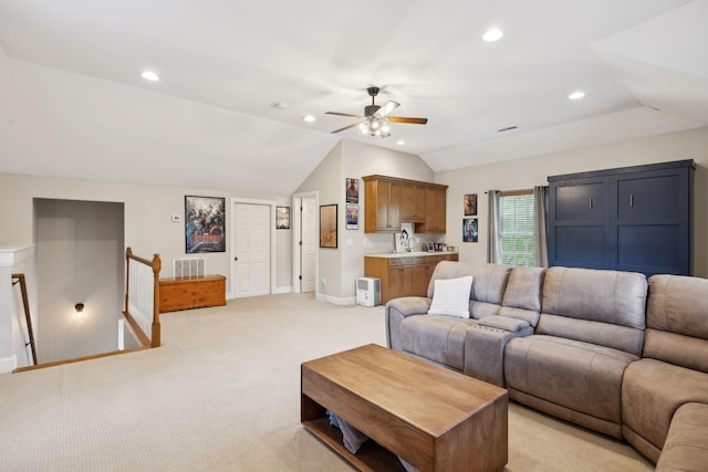 200 Addison Ave, Franklin, TN 37064 - living area featuring vaulted ceiling, ceiling fan, light carpet, baseboards, and recessed lighting