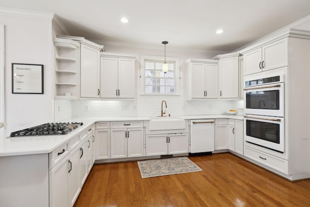 200 Addison Ave, Franklin, TN 37064 - kitchen with white appliances, a sink, open shelves, crown molding, and white cabinets