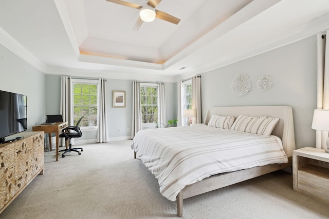 200 Addison Ave, Franklin, TN 37064 - carpeted bedroom featuring a tray ceiling, crown molding, baseboards, an office area, and ceiling fan